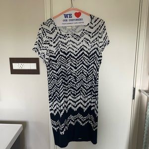 Chico’s navy and white patterned dress with metallic accents